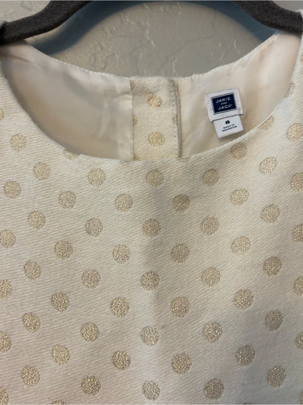 Janie and Jack ivory and gold shimmer polka dot ruffled holiday dress size 8